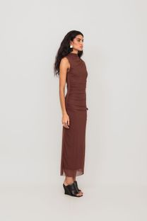 Vestido Midi de Tule Marrom