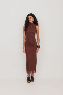 Vestido Midi de Tule Marrom