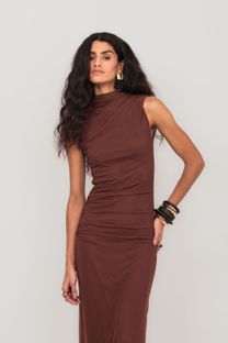 Vestido Midi de Tule Marrom