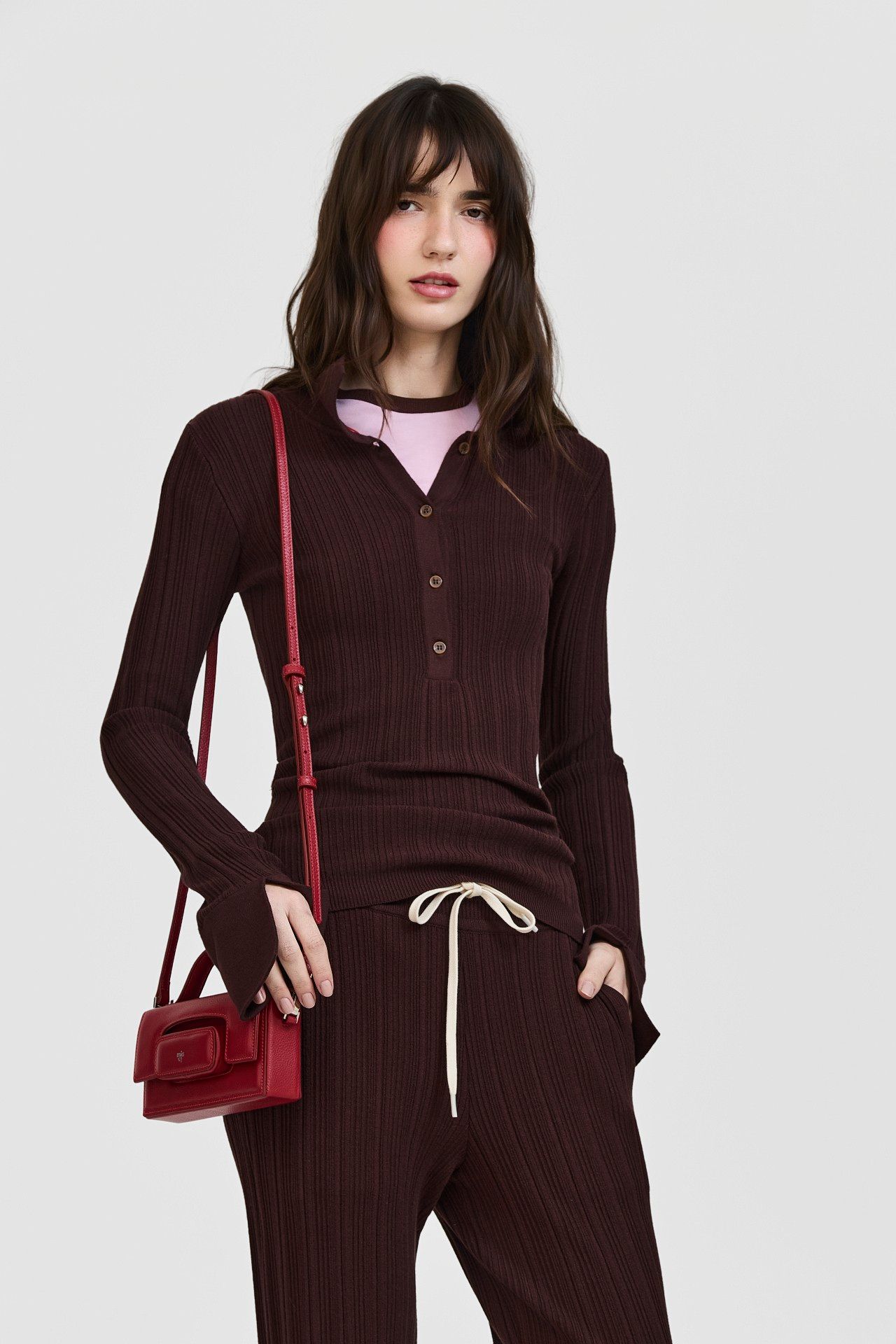 POLO MANGA LONGA ANA TRICOT MARROM | ANA TRICOT LONG SLEEVE POLO SHIRT BROWN