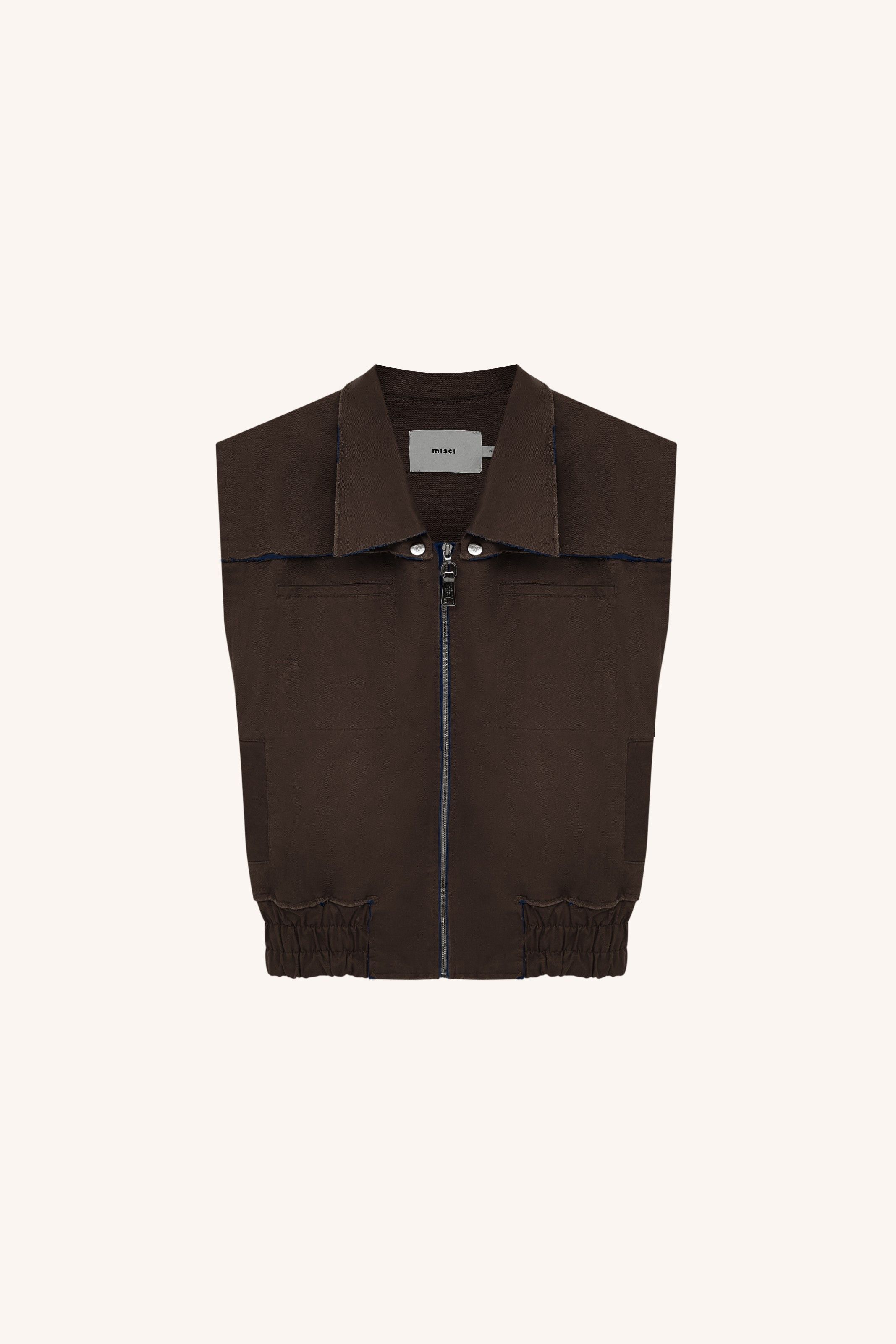 COLETE RASGO SARJA CAFÉ MARINHO | NAVY COFFEE TWILL DISTRESSED VEST