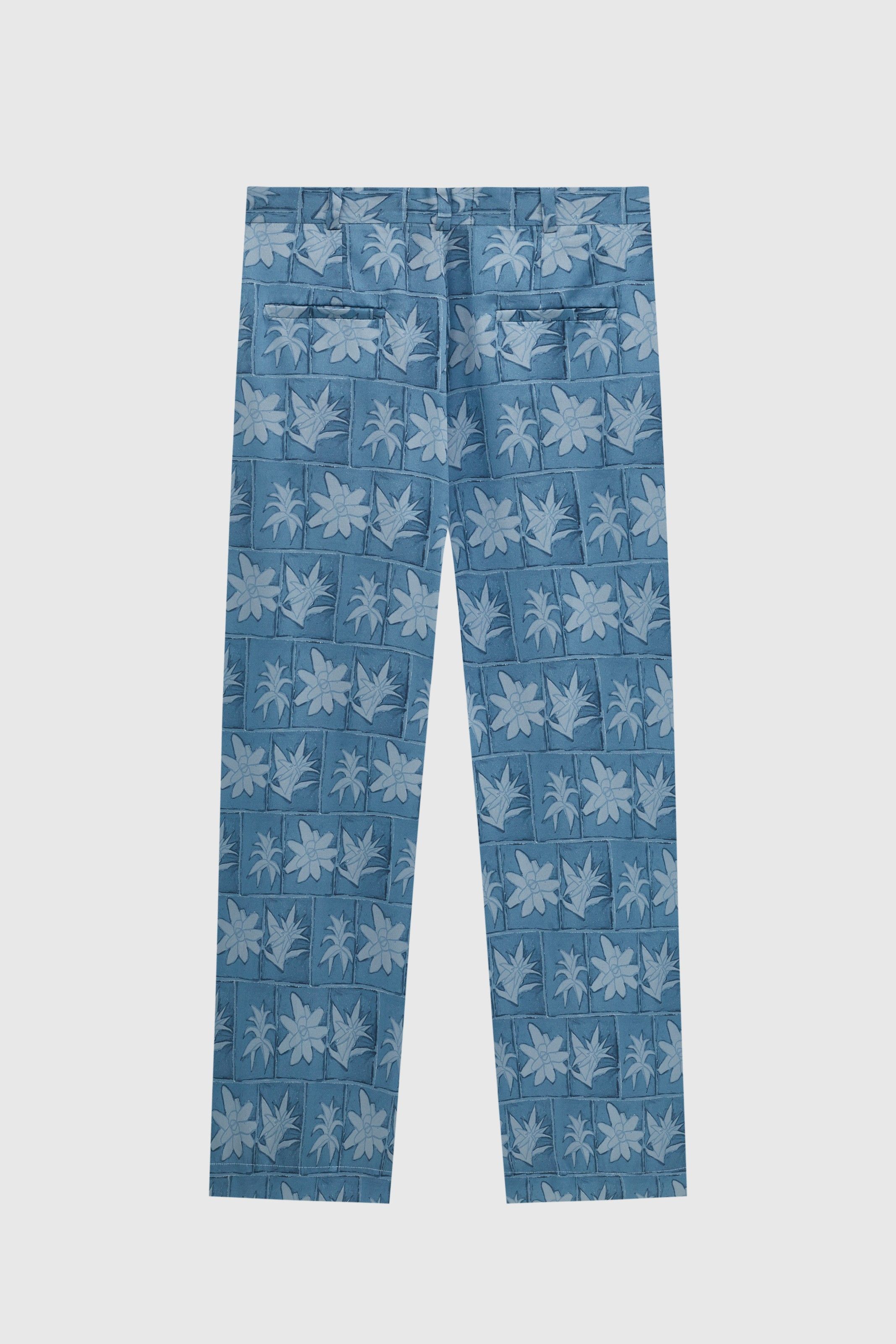 CALÇA ROTEIRO SEDA ESTAMPADA BROMELIA AZUL | BROMELIA BLUE PRINTED SILK PANTS