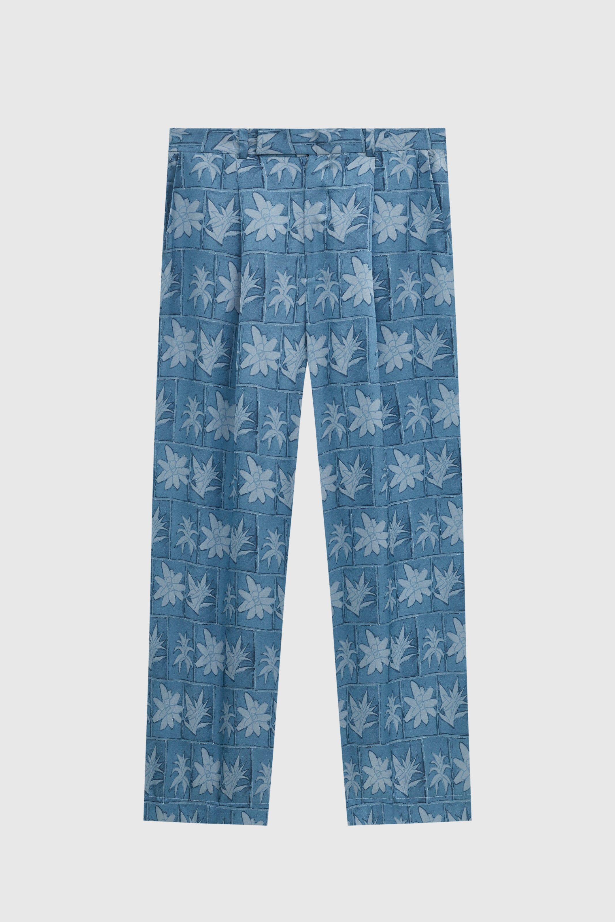 CALÇA ROTEIRO SEDA ESTAMPADA BROMELIA AZUL | BROMELIA BLUE PRINTED SILK PANTS
