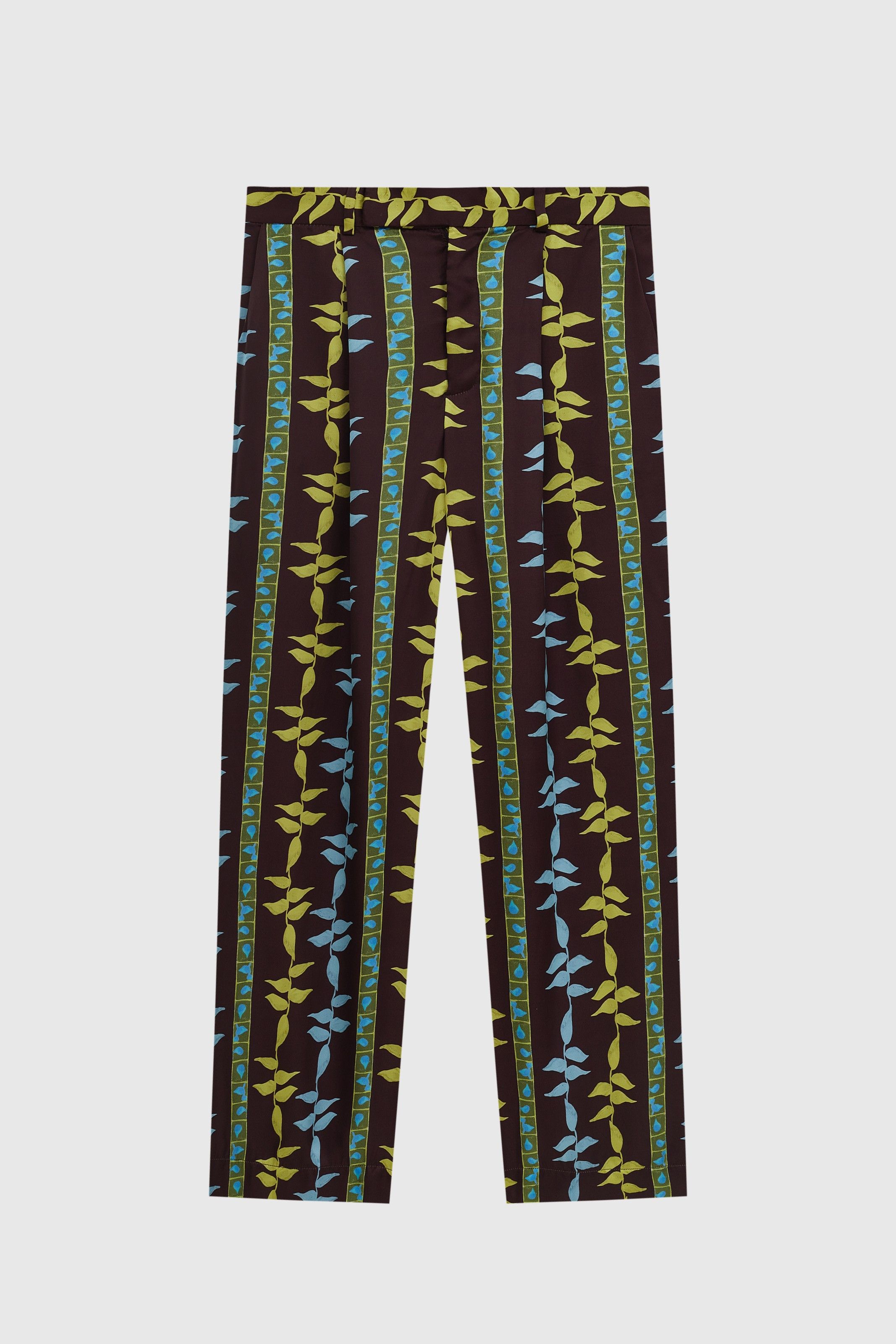 CALÇA ROTEIRO SEDA ESTAMPADA HELICONIA MARROM | HELICONIA BROWN PRINTED SILK PANTS