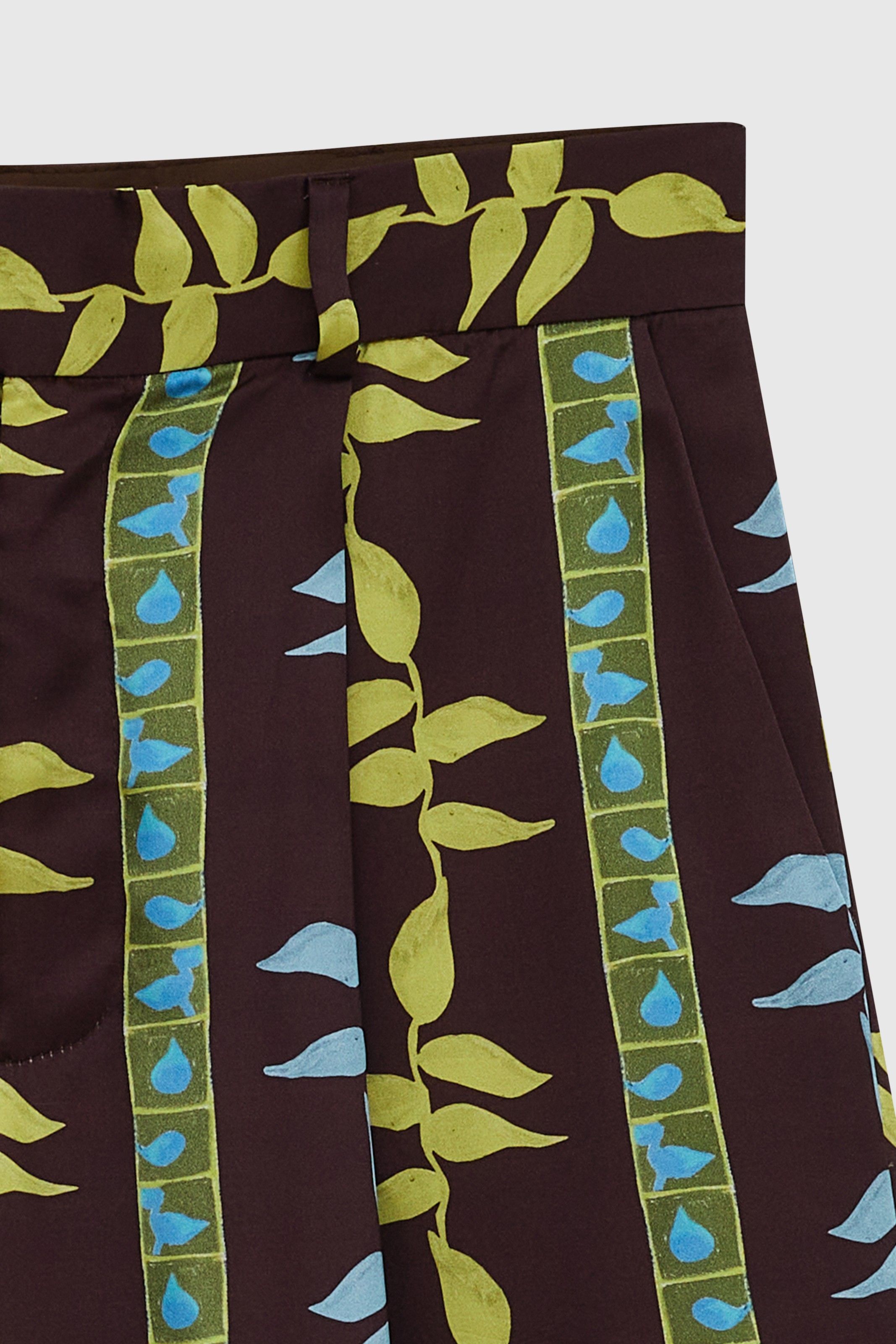 CALÇA ROTEIRO SEDA ESTAMPADA HELICONIA MARROM | HELICONIA BROWN PRINTED SILK PANTS