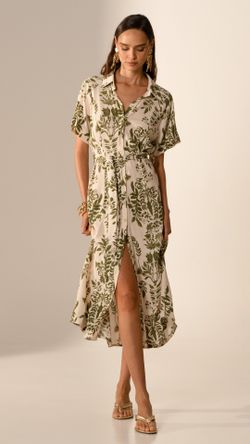 VESTIDO VISCOSE FOLHAS CHEMISE MIDI MANGA C.