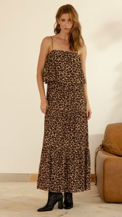 VESTIDO VISCOSE ONÇA  ALÇA CAMADA LONGUETE