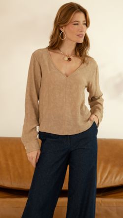 BLUSA VISCOSE BORDADO V PUNHO MANGA L