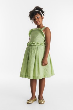 Vestido Infantil Festa Cambraia Verde Frufru