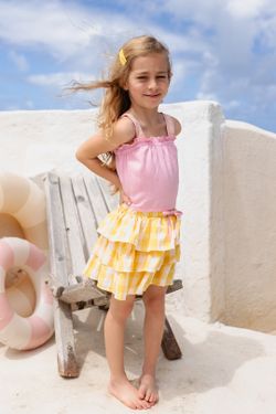 Conjunto Infantil Menina Blusa e Saia Xadrez Vichy Amarelo
