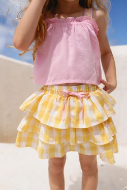 Conjunto Infantil Menina Blusa e Saia Xadrez Vichy Amarelo