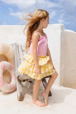 Conjunto Infantil Menina Blusa e Saia Xadrez Vichy Amarelo