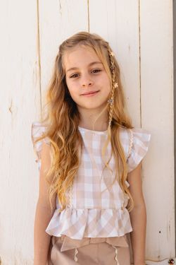 Blusa Infantil Menina Xadrez Vichy Bege