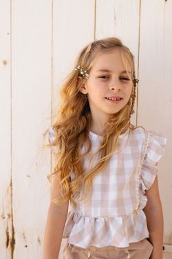 Blusa Infantil Menina Xadrez Vichy Bege
