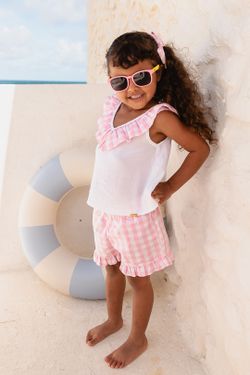 Conjunto Infantil Menina Blusa Gola Vichy e Short Rosa