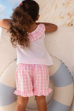 Conjunto Infantil Menina Blusa Gola Vichy e Short Rosa