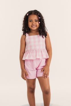 Conjunto Infantil Menina Blusa Peplum e Short Xadrez Vichy Rosa