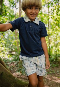 Conjunto Infantil Menino Camisa Polo e Bermuda Xadrez Azul