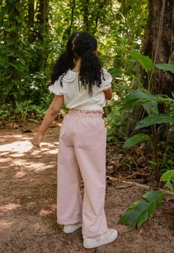 Calça Infantil Menina Listrada Vermelha com Bolsos e Sianinha