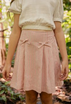 Saia Infantil Menina Listrada Vermelha com Pregas e  Laços