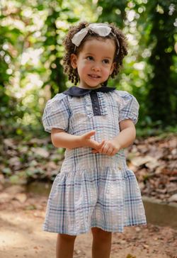  Vestido Infantil Menina Xadrez Azul com Gola e Detalhes em Jeans