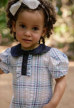  Vestido Infantil Menina Xadrez Azul com Gola e Detalhes em Jeans