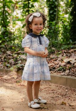  Vestido Infantil Menina Xadrez Azul com Gola e Detalhes em Jeans