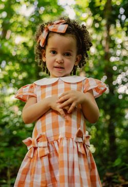 Vestido Infantil Menina Xadrez Vichy Laranja com Gola Boneca