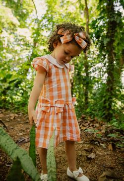 Vestido Infantil Menina Xadrez Vichy Laranja com Gola Boneca