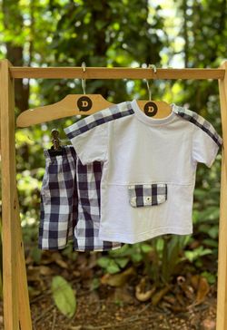 Conjunto Infantil Bebê Menino Camiseta e Short Xadrez Vichy Marinho