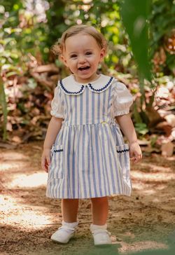 Conjunto Infantil Bebê Menina Jardineira Listrada Azul com Blusa e Calcinha