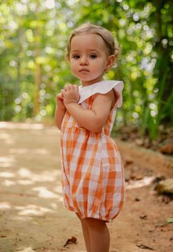 Macaquinho Infantil Bebê Menina Xadrez Vichy Laranja