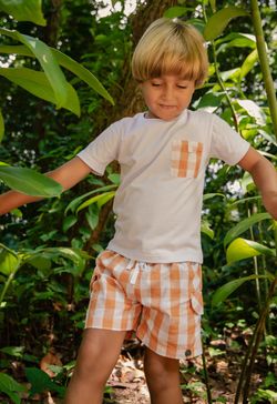 Conjunto Infantil Menino Camiseta e Short Xadrez Vichy Laranja