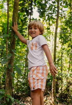 Conjunto Infantil Menino Camiseta e Short Xadrez Vichy Laranja