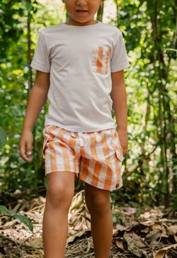 Conjunto Infantil Menino Camiseta e Short Xadrez Vichy Laranja