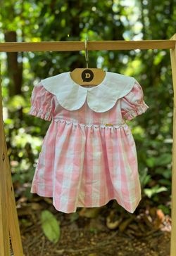 Vestido de Festa Infantil Bebê Menina Xadrez Vichy Rosa com Calcinha