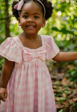 Vestido Infantil Menina Xadrez Vichy Rosa com Laço