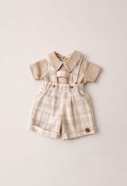 Conjunto Infantil Bebê Menino Camisa e Jardineira Xadrez Caqui