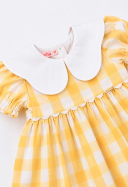 Vestido de Festa Infantil Bebê Menina Xadrez Vichy Amarelo