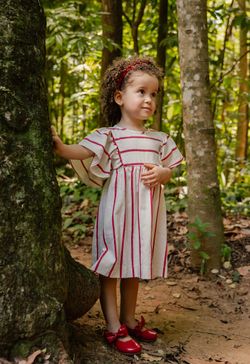 Vestido Infantil Menina Off White com Listras Vermelhas