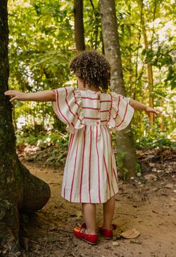 Vestido Infantil Menina Off White com Listras Vermelhas