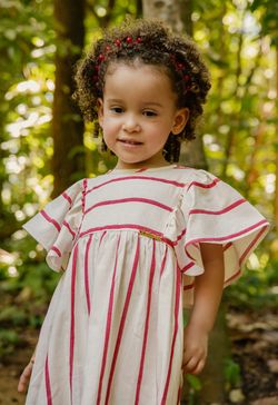 Vestido Infantil Menina Off White com Listras Vermelhas