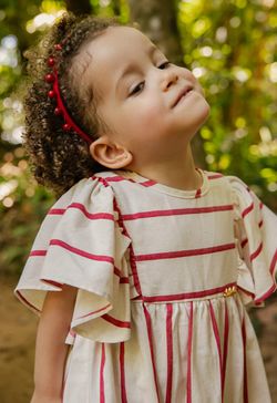 Vestido Infantil Menina Off White com Listras Vermelhas