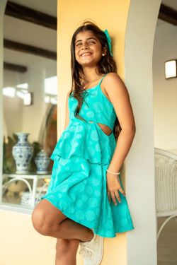 Vestido Infantil Menina Poá Turquesa