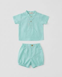 Conjunto Infantil Bebê Menino Linho Verde Água
