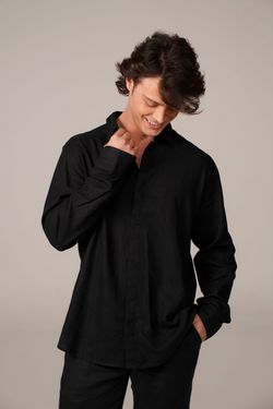 camisa puro linho manga longa preto