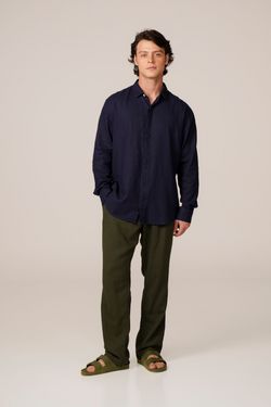 camisa linho manga longa marinho