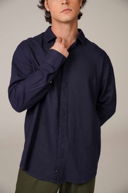camisa linho manga longa marinho