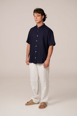 camisa linho manga curta marinho