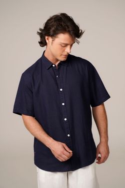 camisa linho manga curta marinho